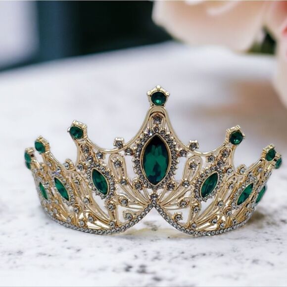 Emerald Gold Tiara Royal Wedding Bride Bridal Pageant Crown Rhinestone Birthday